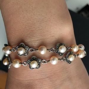 Freshwater pearls, marcasite stones on SS bracelet